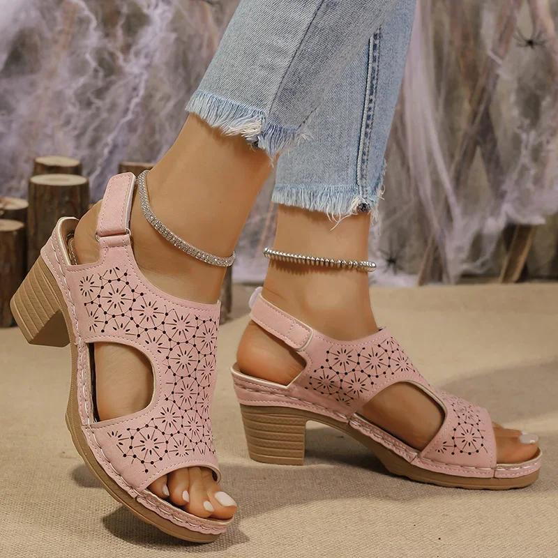 Fashion Women High Heel Sandals Summer Hollow Out Women's Shoes Hook Loop Thick Heeled Platform Sandles Casual Anti-Slip Beach Sandals