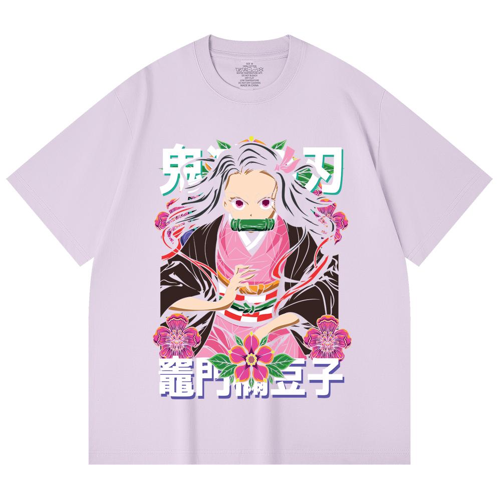 230 Gsm 100% Cotton Demon Slayer V70 Nezuko Flower Print Unisex Heavy Cotton T Shirt