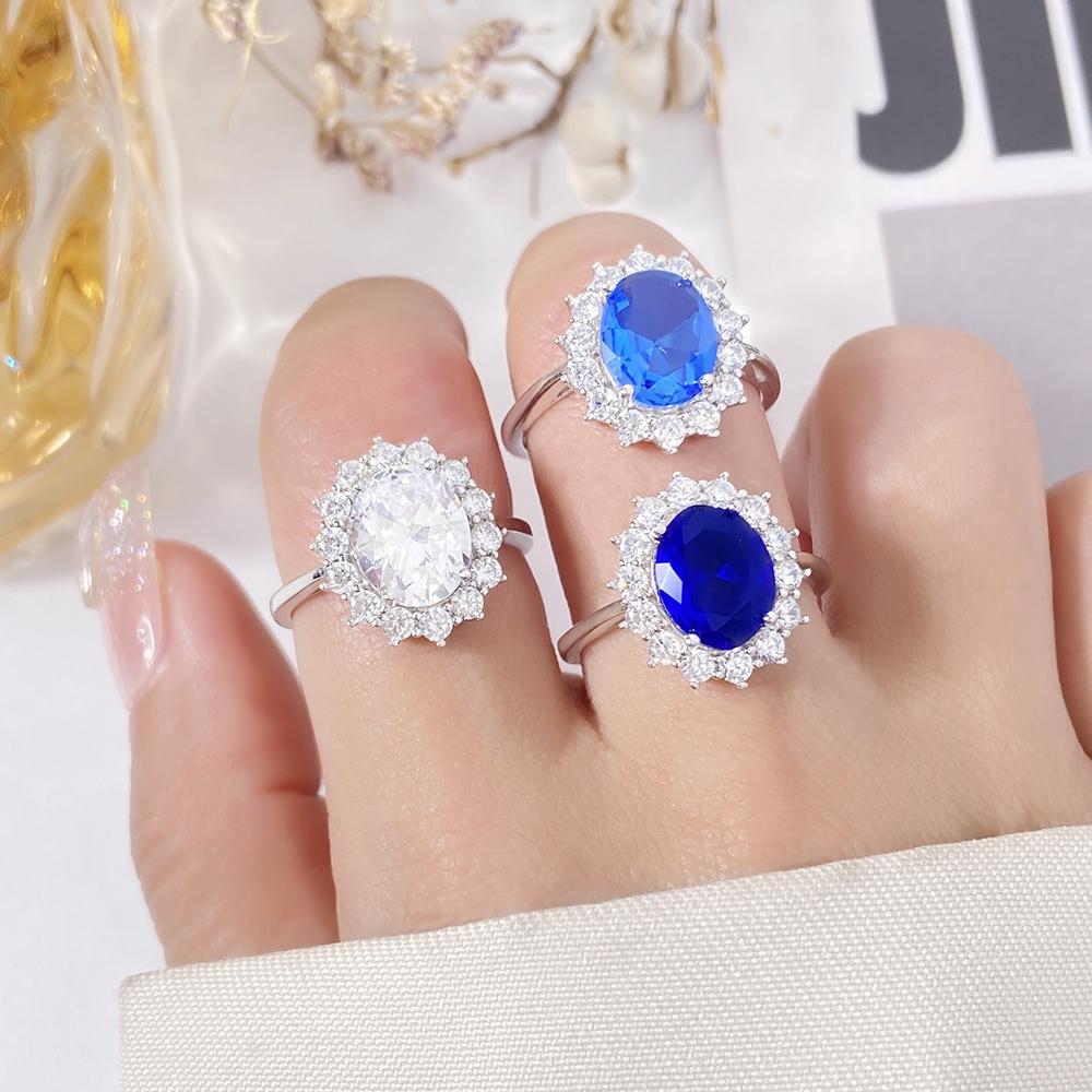 Fine Jewelry Blue Sapphire Engagement Ring 925 Sterling Silver Cubic Zirconia Art Deco Halo Princess Diana Ring