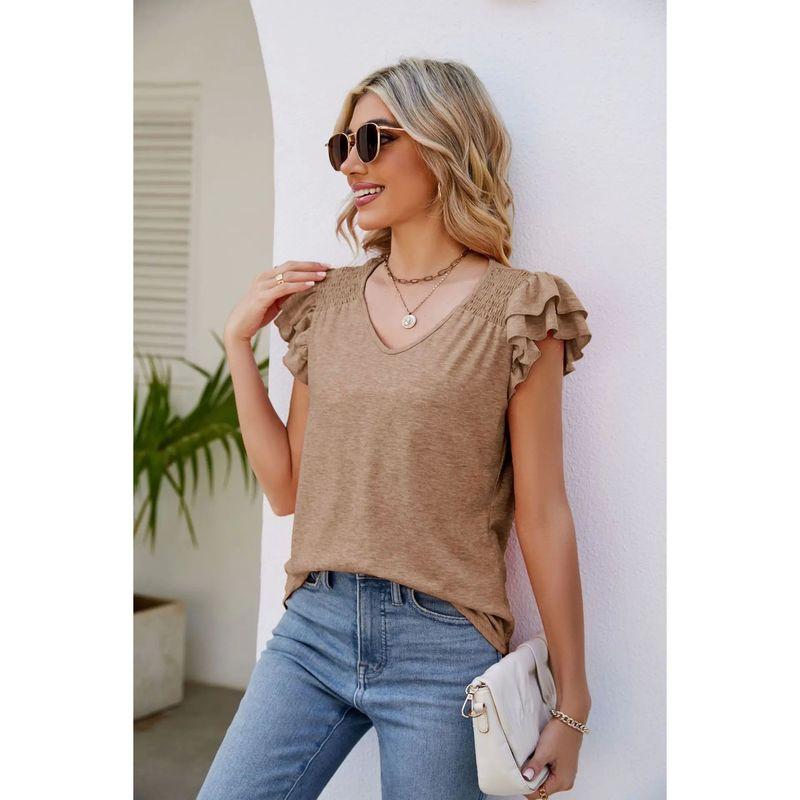 Solid Color V-neck Short-Sleeve T-shirt Solid Color and V-neck Pleated Short Sleeves T-shirt Women