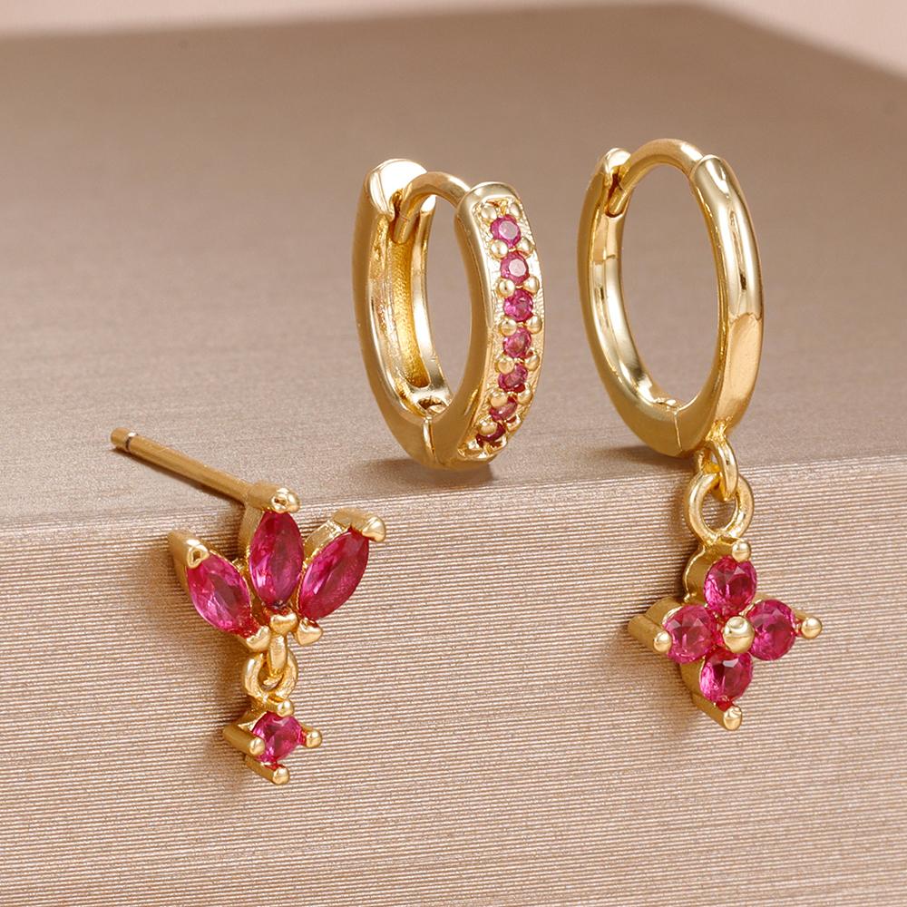 3-teiliges Modisches Orange Blau Zirkon Hängende Ohrringe Set für Damen Edelstahl Blume Dangle Ohrring Piercing Schmuck