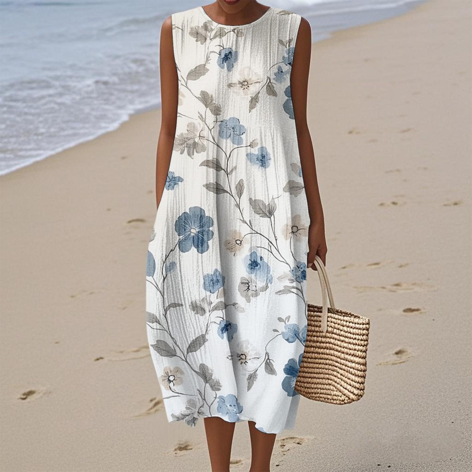 

Женское модное повседневное платье без рукавов с круглым вырезом и цветочным принтом, элегантное, темпераментное XL