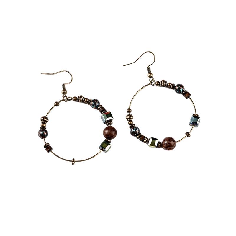 Retro Ethnic Bronze Hoop Earrings with Wood Beads and Tassels