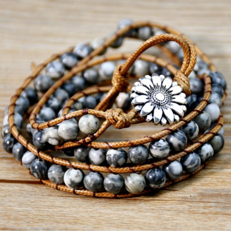 GemChic Women's Ethnic Weave Rope Multilayer Stone Beads Alloy Sunflower Bracelet Classical Retro Birthday Christmas Jewelry Gift
