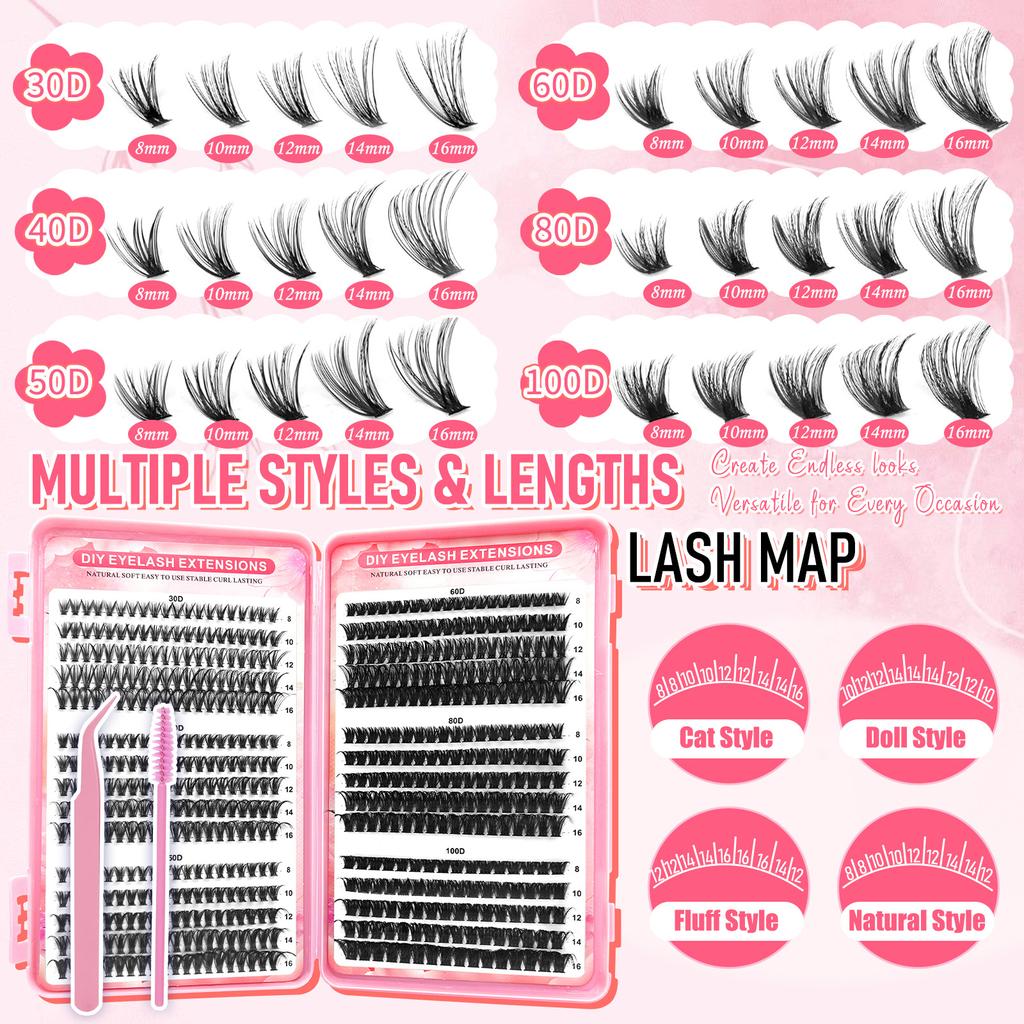 Temudiy Eyelash Extension 80D Cluster D-Type Curl Mixed False Eyelash Tool Set