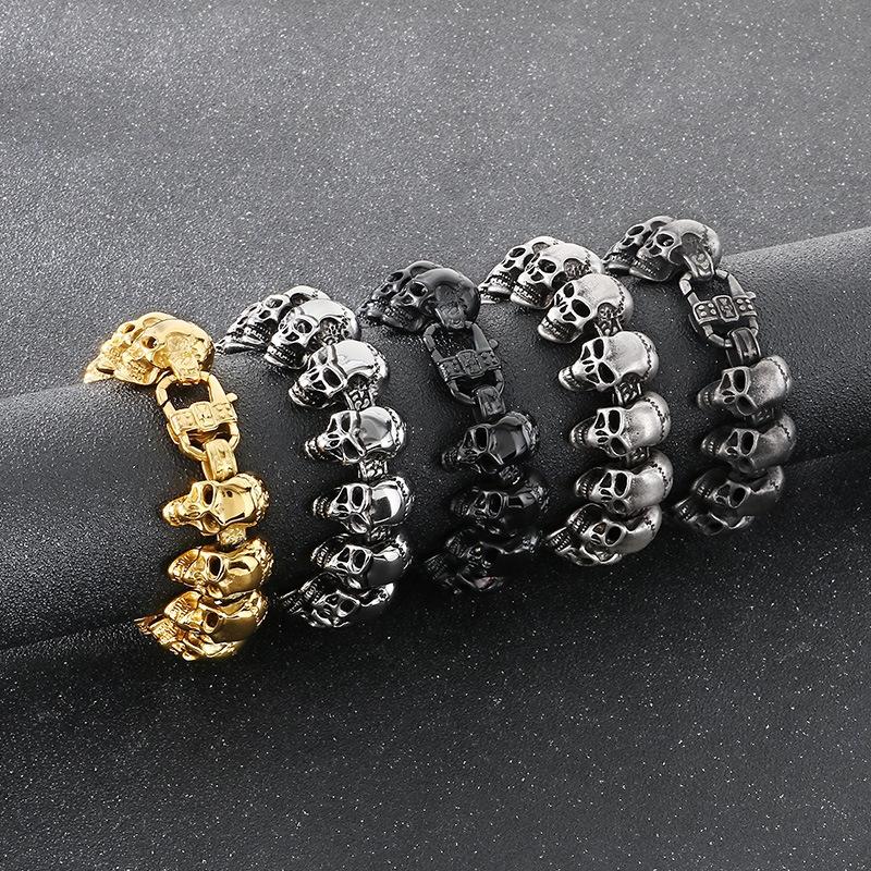 Punk Gold Color Skull Charm Bracelet Men Women Hiphop Rock Black Stainless Steel Skeleton Bike Biker Chain Bangle Jewelry