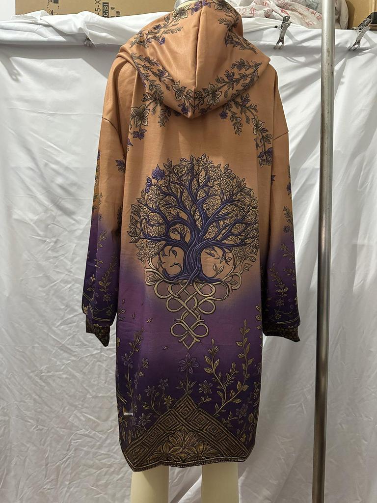 European and American Plus Size Women's Hooded Printed Trench Coat, Mid-Length Sweatshirt Cardigan for 2025 Autumn/Winter.