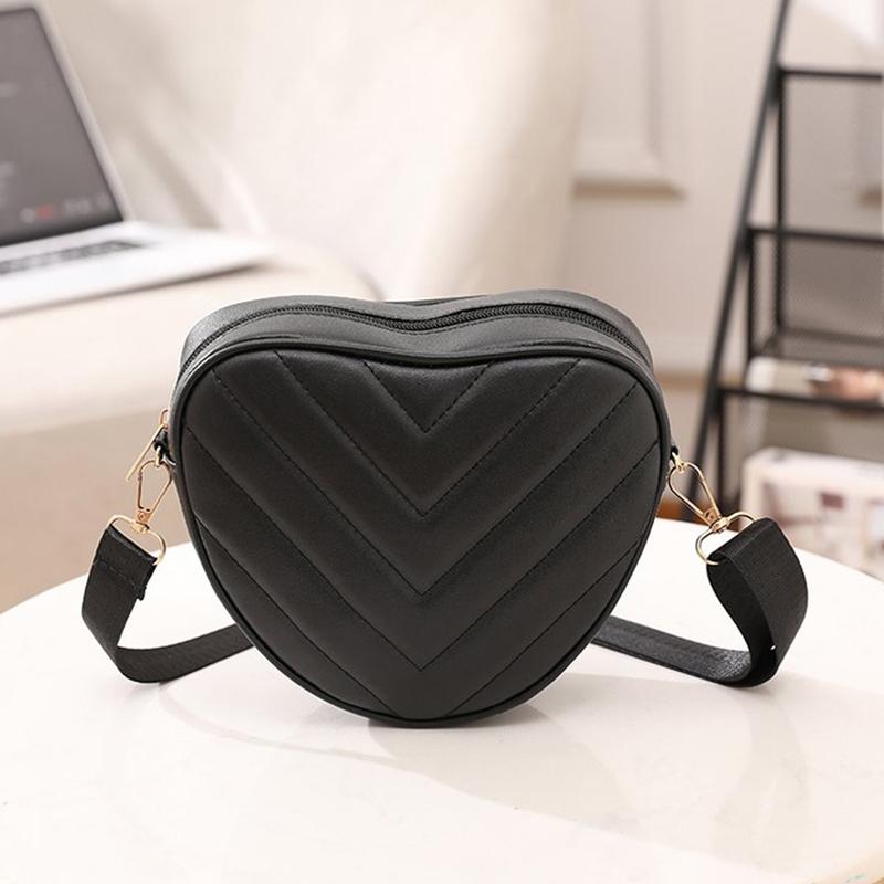 Fashionable Heart-Shaped Shoulder Bag Handbag Pu Leather Zipper Women'S Casual Wide Shoulder Strap Crossbody Bag