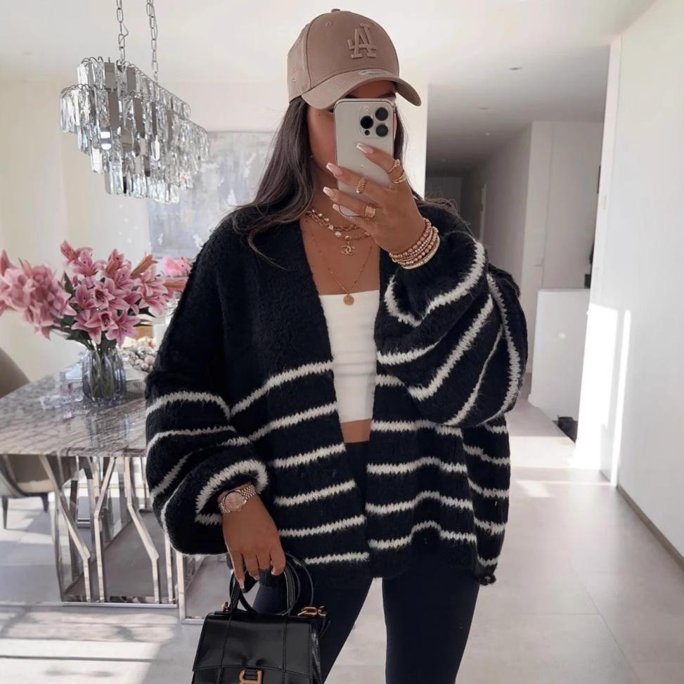 New autumn and winter sweater for women, loose contrasting stripes, reverse bone embroidery, knitted cardigan jacket for women 3583 KTB