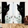 2PCS Digital Printed Curtains, Black White Cats Green Eyes Peeking Contrast, Modern Feline Art Two Tone Window Decor Living Room