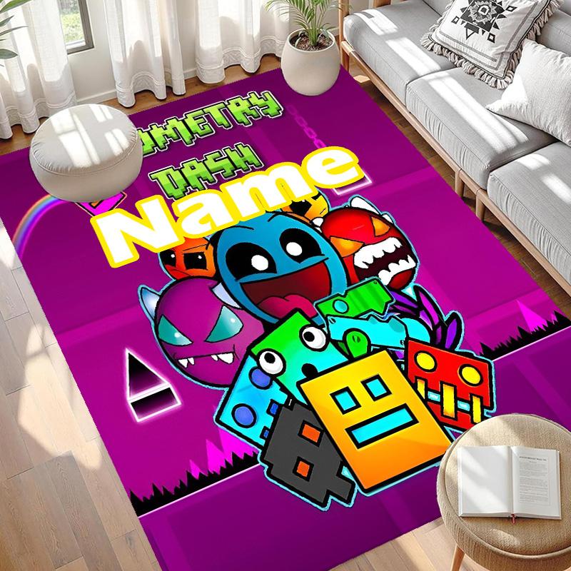 Custom Name Personalized Geometry Dash Print Carpet, Versatile Home Decor Rug, for Playroom, Apartment, Balcony, Entryway, Hallway Gift