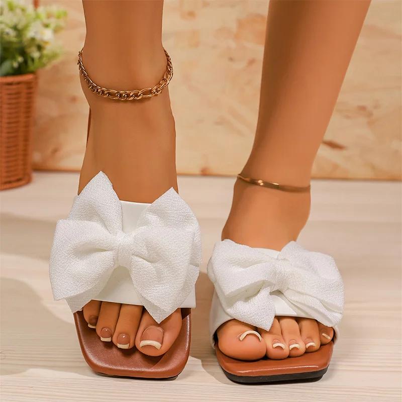 Bowtie Decor Flat Slippers for Women 2025 Summer Comfort Light Square Toe Slippers Plus Size Soft Sole Non Slip Beach Shoes