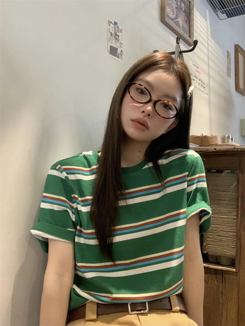 

American retro contrasting striped round neck green short-sleeved T-shirt women s summer casual loose Korean top tide XXL