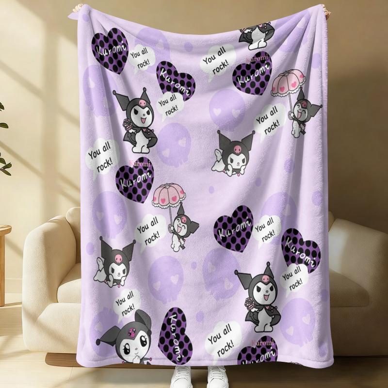 Pastel Purple Kuromi Flannel Throw Blanket Soft Warm Fluffy Blanket Cute Sofa Bed Cover Office Nap Shawl Lightweight Quilt