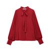 European & American Style Women's Red Bow Long Sleeve Stand Collar Shirt