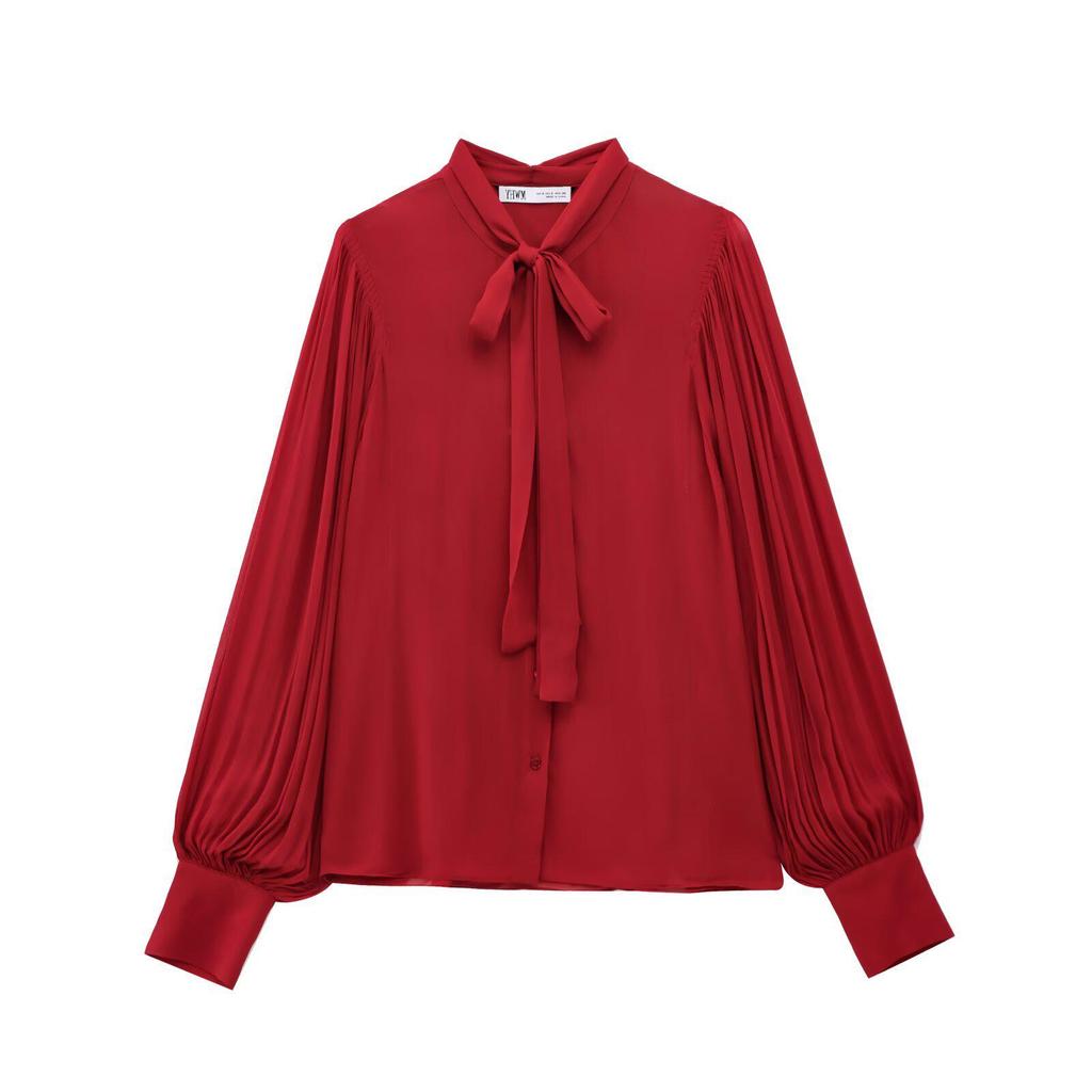 European & American Style Women's Red Bow Long Sleeve Stand Collar Shirt