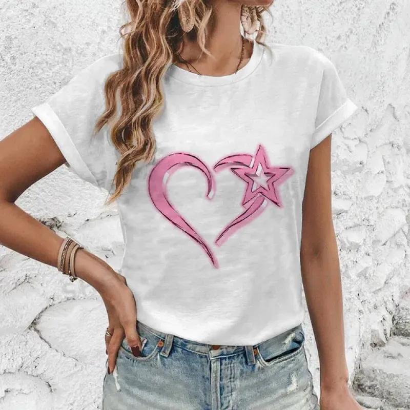 Hochwertiges, modisches T-Shirt mit Rundhalsausschnitt und kurzen Ärmeln, für den Sommer, neues, lockeres T-Shirt mit Herz-Print, elegantes, lässiges, bequemes Damen-T-Shirt