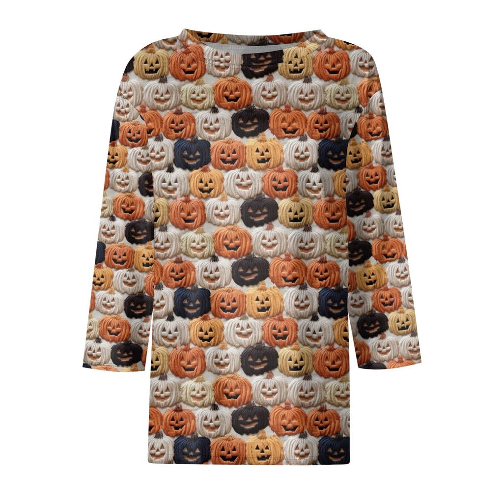 Damenmode Lässig Dreiviertelärmel Halloween-Print Rundhals-Top