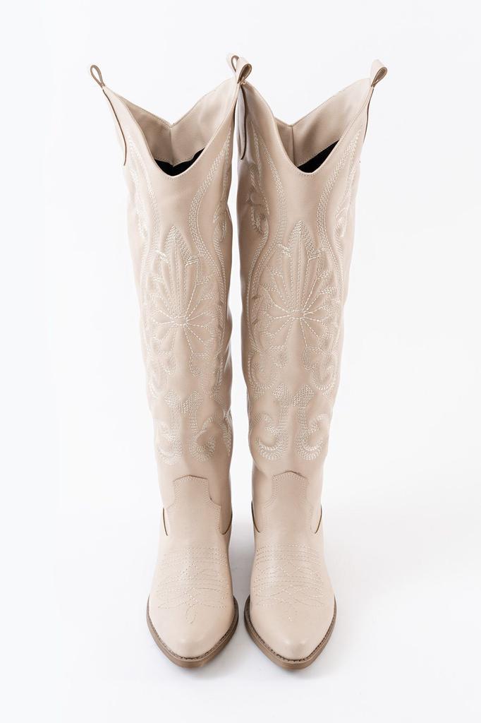 Women Modern Stylish Fashion Boots Faux Leather Suede Black Leather Embroidered Medieval Cowboy Long Boots