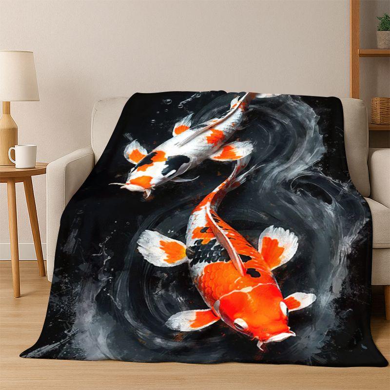 GOOD LUCK Koi Fish Yin Yang Carp Cartoon Flannel Blanket Soft Warm Throw Blanket for Bedroom Living Room Bed Travel Picnic Gift