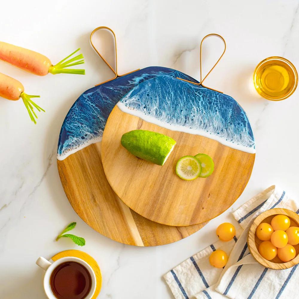 Wood and Resin Cutting Board Blue Ocean Wave Charcuterie Boards for Meat Round Epoxy Resin Wood Chopping Board Bread Cheese Tray