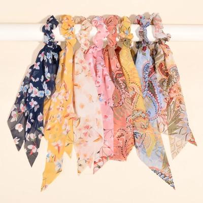 Mode Knitterblumen-Print Schleife Haar-Schal Haargummis Chiffon Floral Scrunchie Haarbänder Pferdeschwanzhalter Scrunchy Bänder