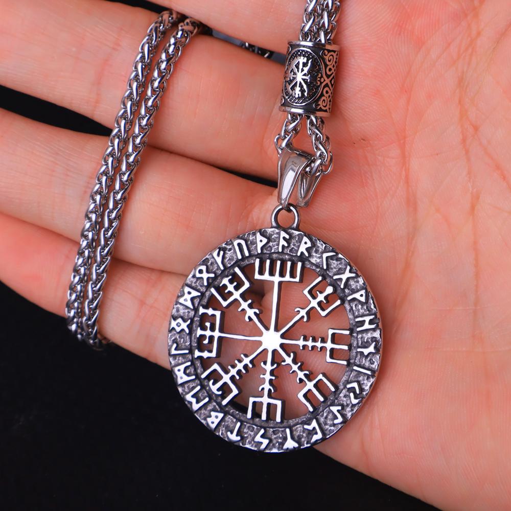 316L Stainless Steel Nordic Viking Vegvisir Necklace Pendant for Men Vintage Odin Compass Necklace Amulet Jewelry