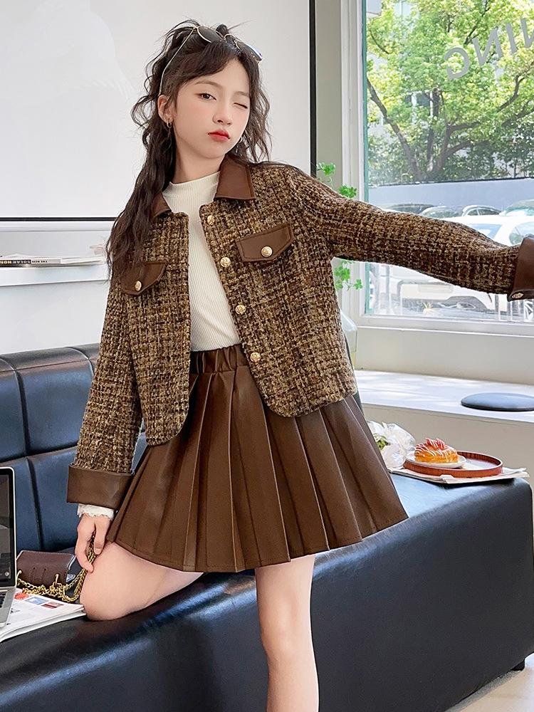 2025 Girls' Autumn/Winter Two-Piece Set: Stylish Coat & Pleated Skirt for Older Children