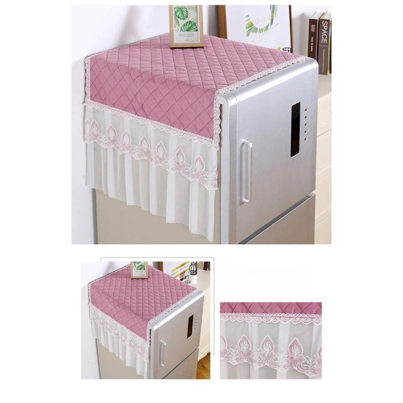 Diamond Grid Quilted Refrigerator Dust Cover Lace Curtain Design Dustproof Beautiful Cover Cloth Easy To Clean Home Decora Sunscreen Protective Cover