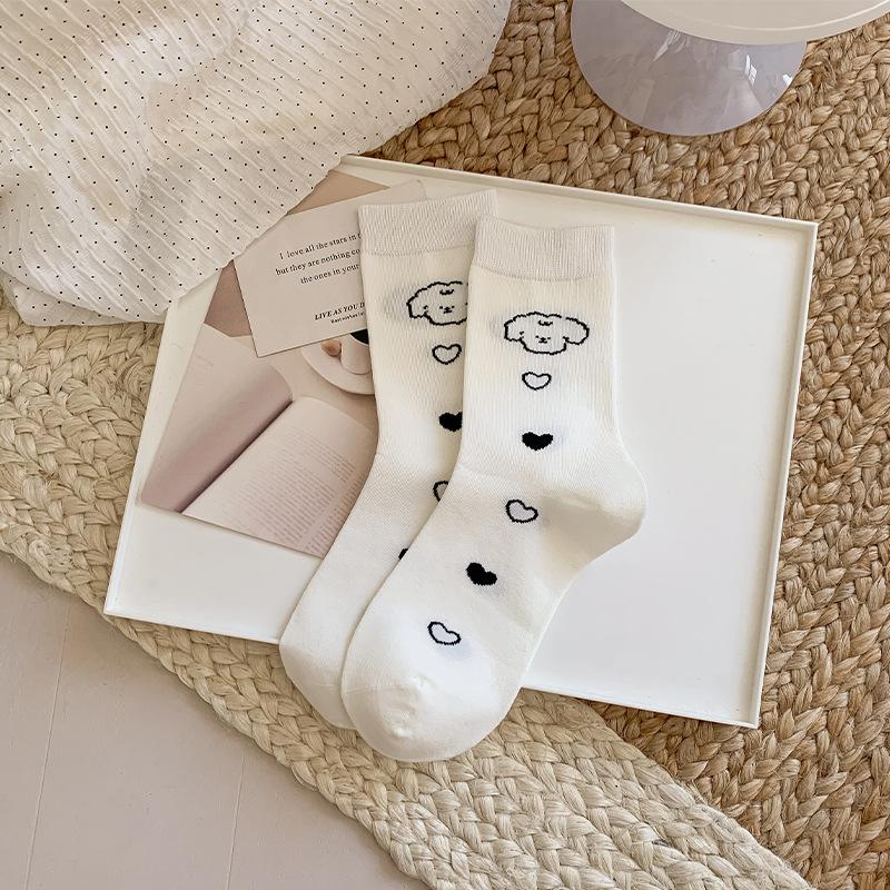 Female Autumn New Cartoon Cute Puppy Striped Boneless White Tube Stack Socks