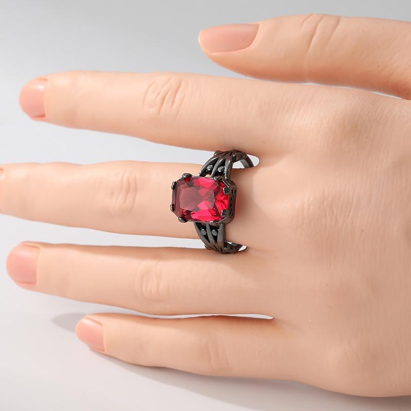 Vintage Black Color Inlaid Red CZ Women's Ring Dazzling Hand Carving Geometry Hollow Daily Wear Party Jewelry Anniversary Gift