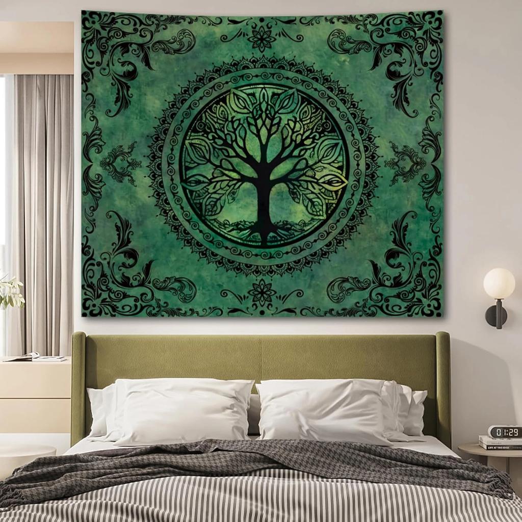 Tree Of Life Mandala Decor Tapestry Green Vintage Themed Wall Hanging Decorative Wall Cloth For Living Room Bedroom Room Decor