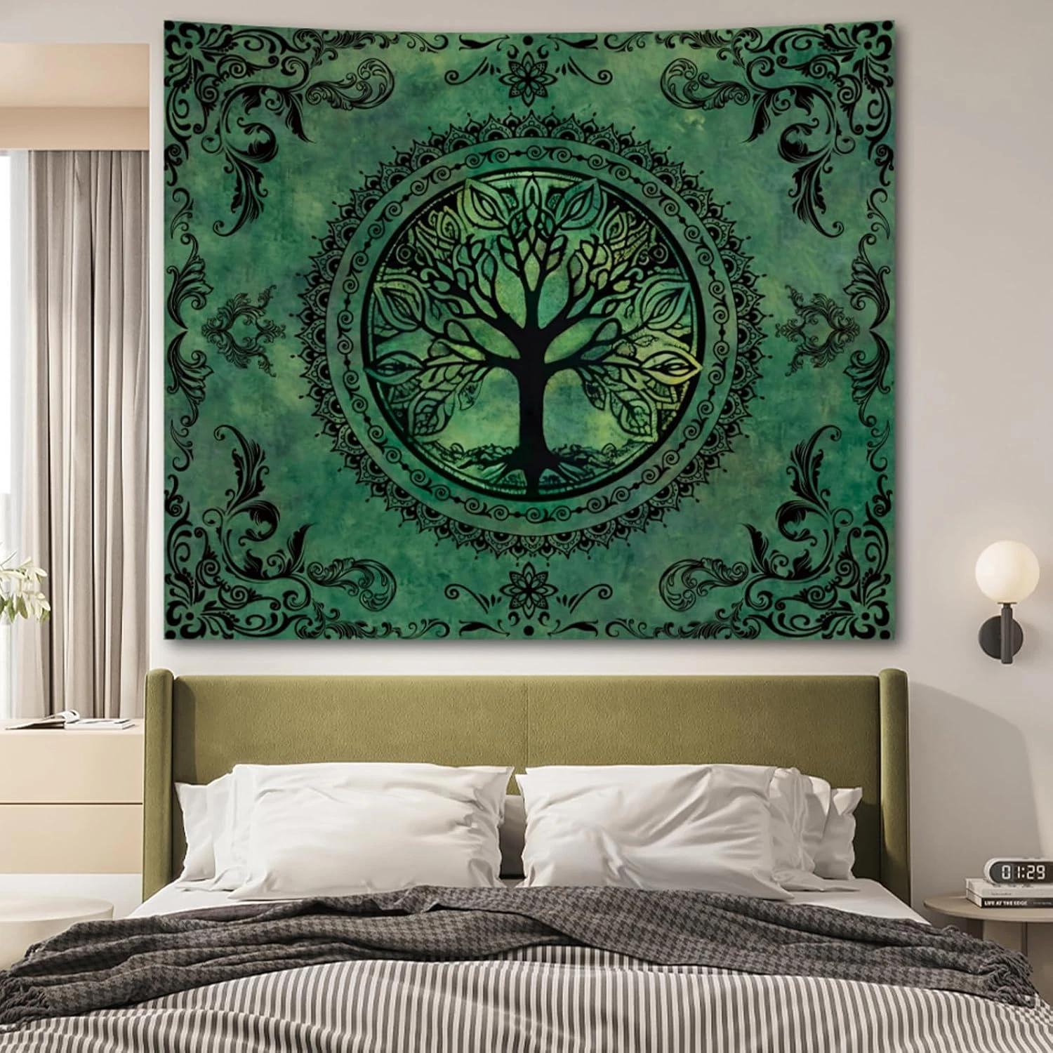 Levensboom Mandala Decor Wandkleed Groen Vintage Thema Wanddecoratie Decoratief Wandkleed Voor Woonkamer Slaapkamer Kamerdecoratie Other&260cmX33cm