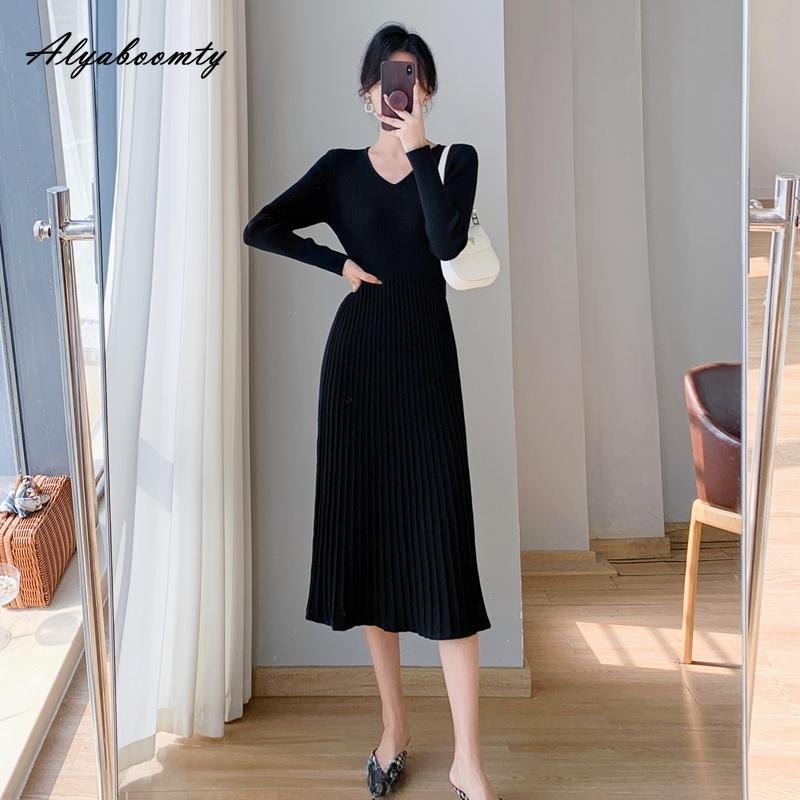 Vestido de punto estilo coreano para mujer, vestido de corte A, cuello en V, negro, beige, caqui, vestido de punto, manga larga, elegante, moda, cálido, otoño e invierno