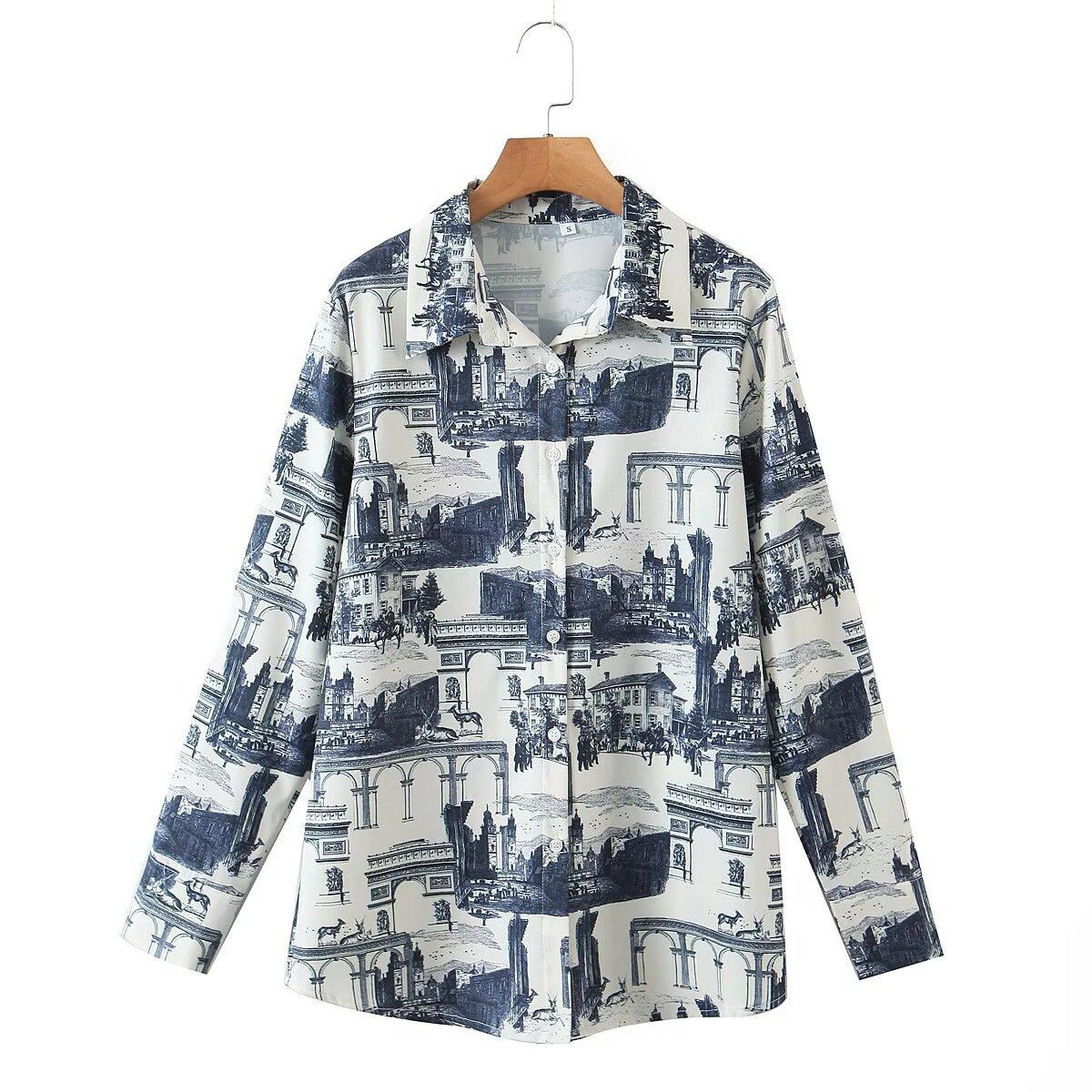 European and American style, new women s clothing, foreign style, fashionable, fashionable, versatile, long-sleeved printed shirt S