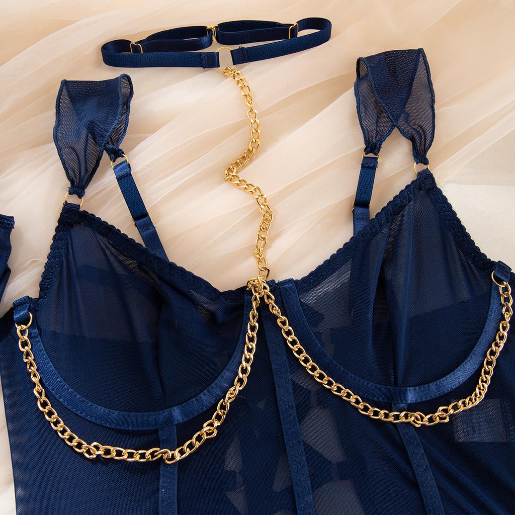 Women Sexy Sheer Mesh Lingerie Dress Set With Chain Halter Neck And Gloves 4 Piece Lingerie Set