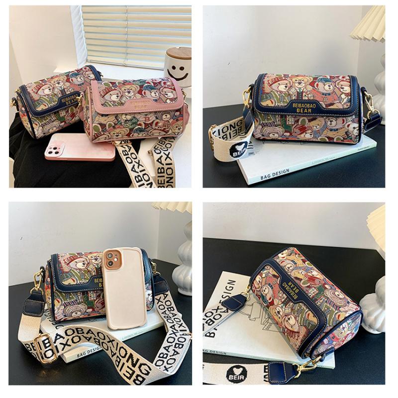 Borsa a Spalla Jacquard Orsetto Borsa a Tracolla Cilindrica Cartone Animato con Patta Borsa da Donna a Tracolla Larga Borsa a Tracolla da Donna alla Moda Pratica Regalo per Ragazze