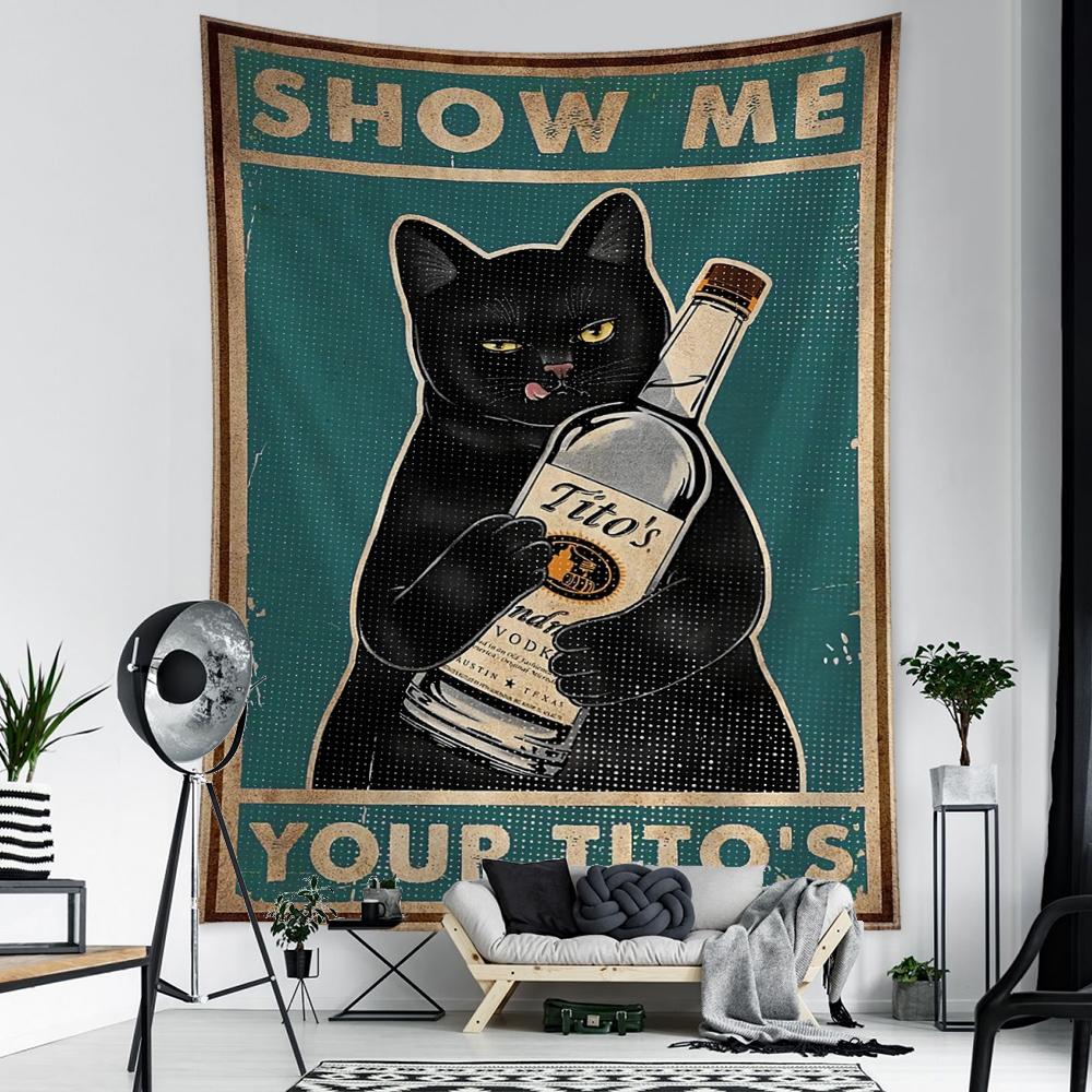 Wine Bottle Cat Tarot Tapestry Wall Hanging Kawayi Psychedelic Witchcraft Bohemian Living Room Dormitory Home Decor