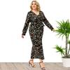 Plus Size Xl -5xl New Fashion   Summer Women Long Sleeved Floral Split Dress Black Dresses Mother Clothes