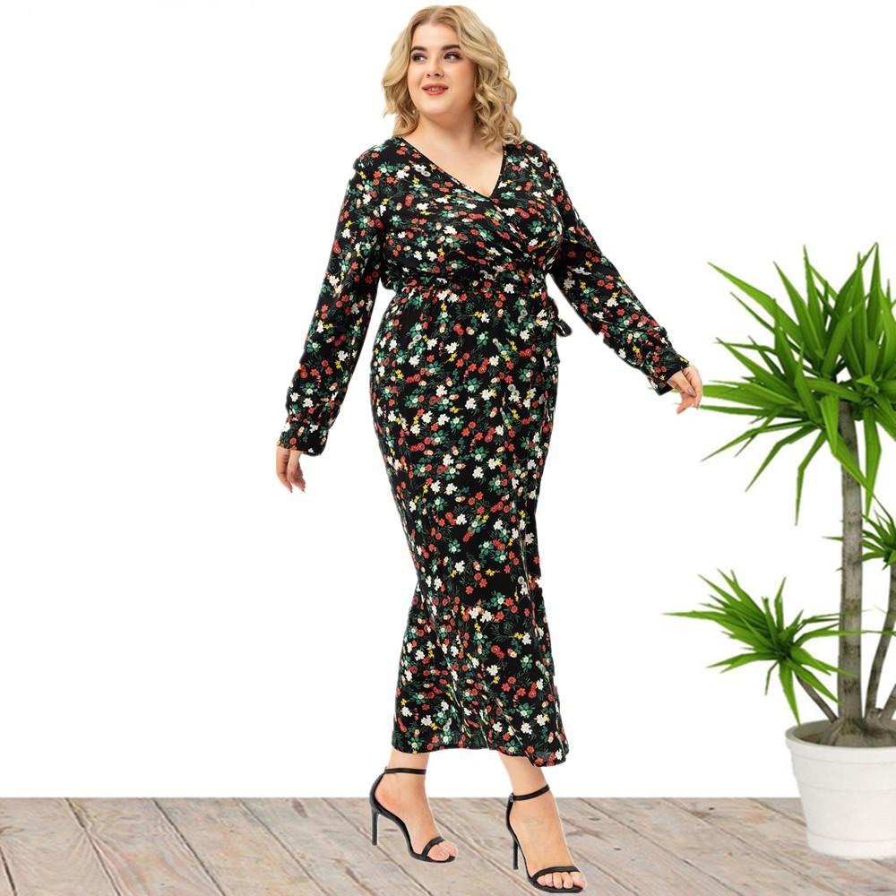 Plus Size Xl -5xl New Fashion   Summer Women Long Sleeved Floral Split Dress Black Dresses Mother Clothes