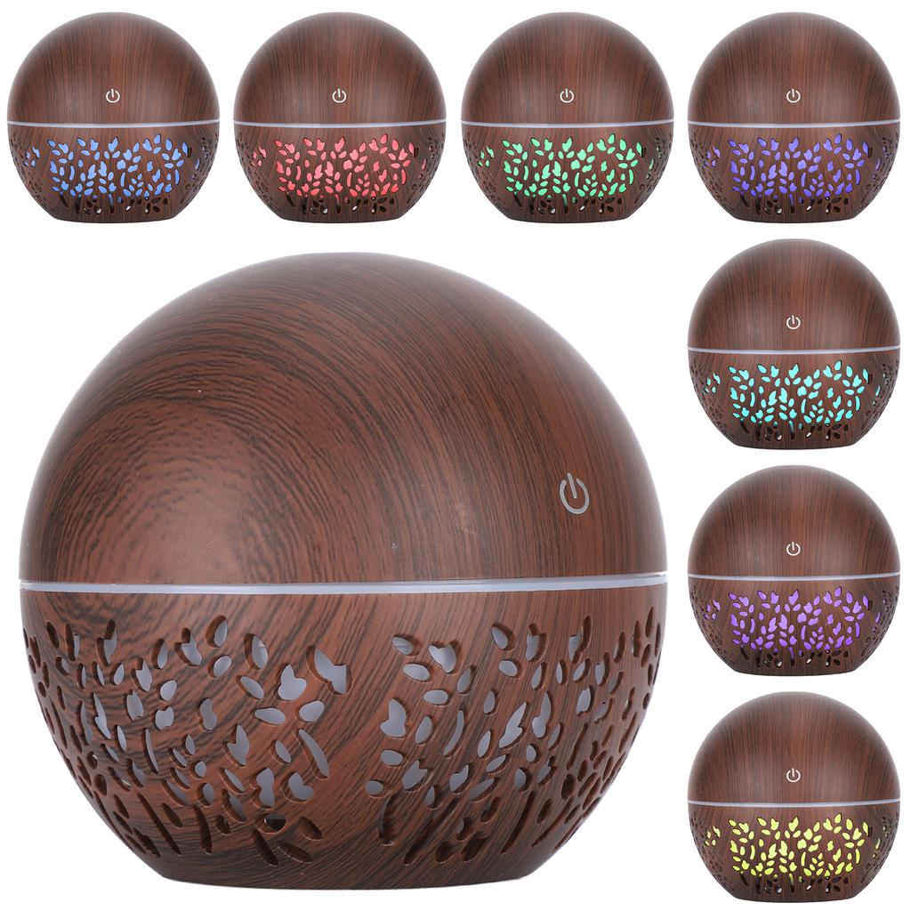 130ml Humidifier Aroma Air Diffuser Hollow Out USB 7 Color Light Low Noise Humidifier (Dark Wooden Grain)