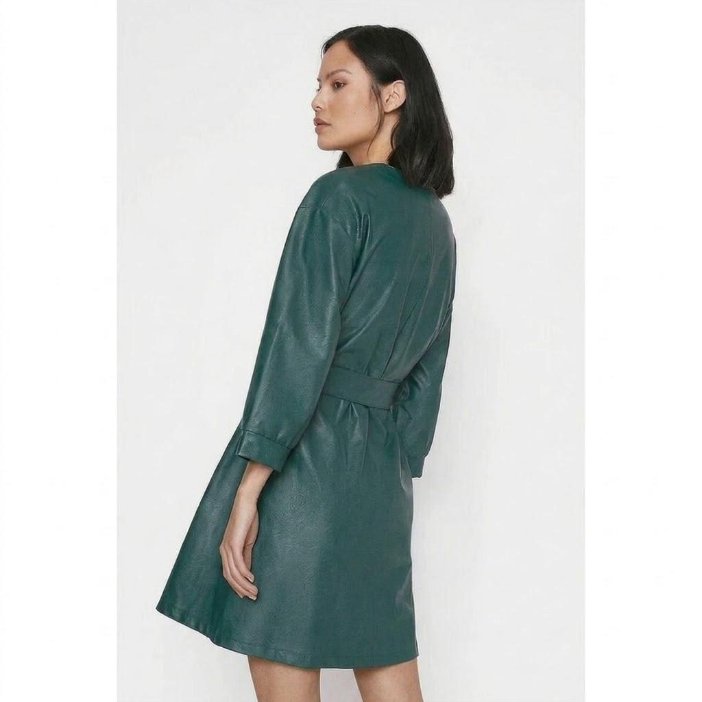 Handmade Casual Classy Soft Green Women's Stylish Leather Dress Genuine Lambskin