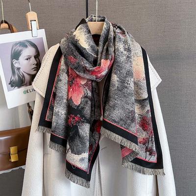 Autumn Personality Fashionable Plant Flower Print Scarf Women's Imitation Cashmere Warm Windproof Scarf Temperament Versatile Shawl