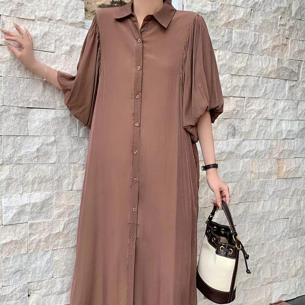 Solid Color Single Breasted Lapel Half Bubble Sleeve Long Dress For Women's Loose Clothes Spring Summer Shirt Dress
