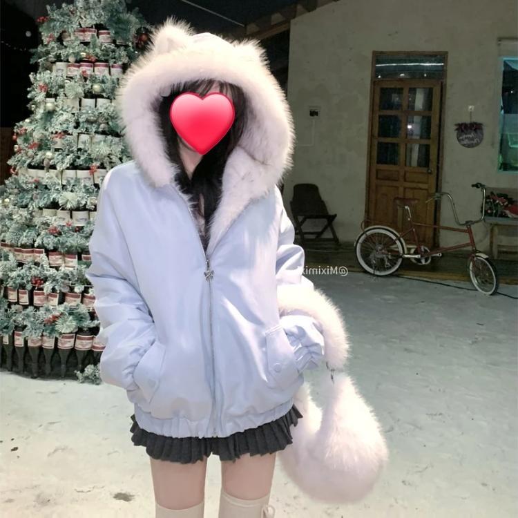 Kawaii Y2K Jacket Winter Fur Collar Sweet Hooded Women Thick Jacket Casual Tops Zipper Loose Hooded Coat Clothes