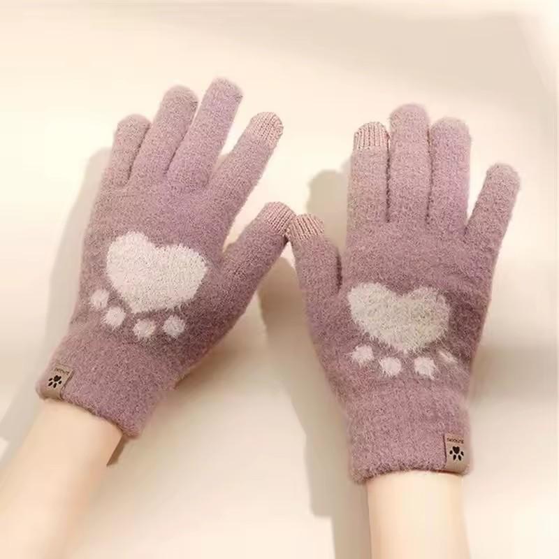 Winter Katzenkratzliebe Handschuhe für Damen Plüsch Touchscreen Gestrickte Dicke Handschuhe Weiche und Flauschige Koreanische Niedliche Alle Finger Handschuhe