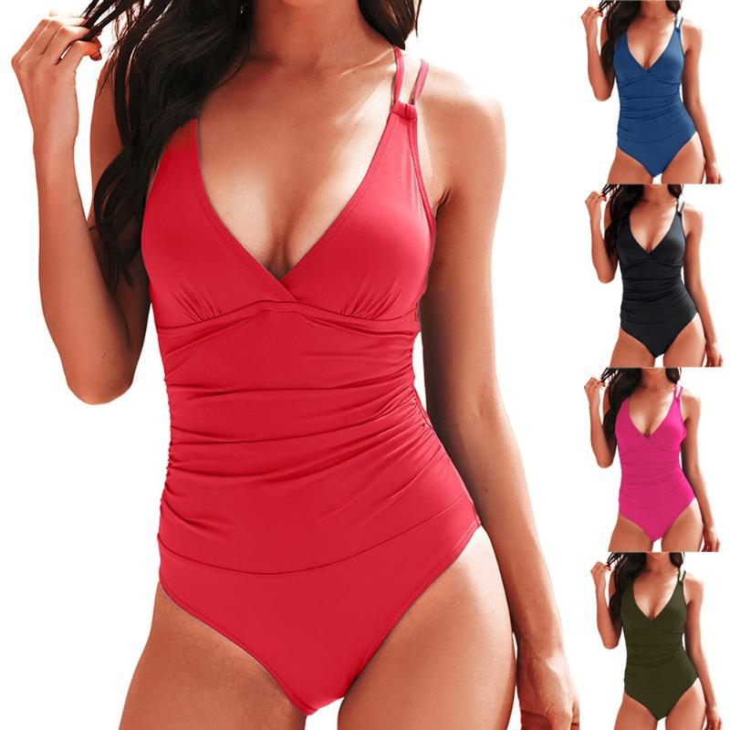 European and American Swimsuit Solid Color One-piece Swimsuit New 2024 Belly Cover Cross Strap Swimsuit