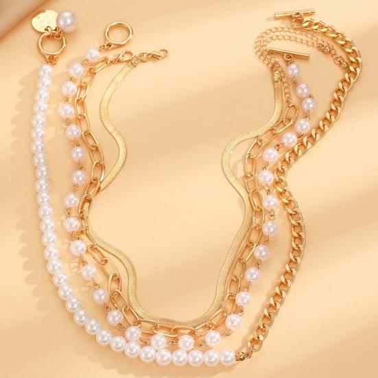 1 Ensemble Bracelet Collier Boucle OT Chaînes Cubaines Perles Imitation Collier à Longueur Réglable Bijoux à Superposer Cadeau