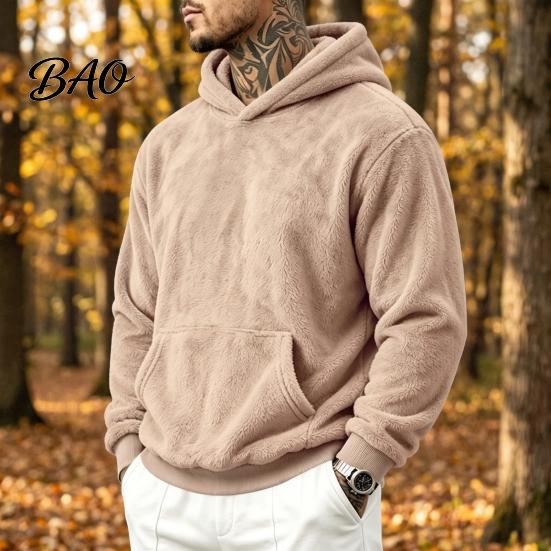 Long Sleeve Warm Pullover Men Plush Hoodie, Teddy Fleece Sweatshirt with Kangaroo Pocket, Loose Mens Hoodie Fit Fuzzy Winter Jumper for Street Casual