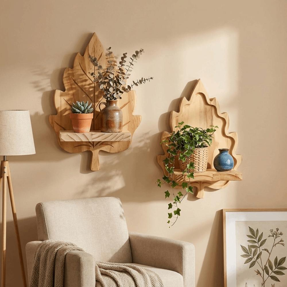 Nature Style Maple Leaf Wall Shelf Wooden Wall Mounted Leaf Shelf for Living Room